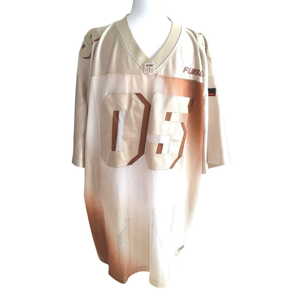 Vtg 90s FUBU Sports football jersey in a cream/tan colorway  number "05".